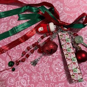 Festive Christmas Bag Charm w wristlet Keychain with Santa Charms